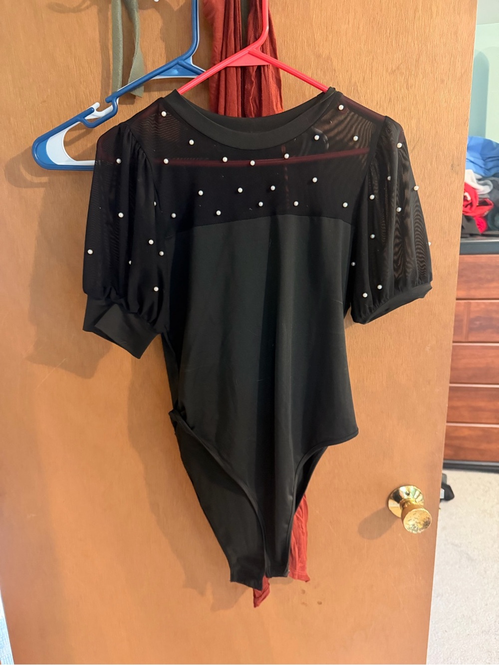 SHEIN Black Pearl-Accent Mesh Puff-Sleeve Bodysuit